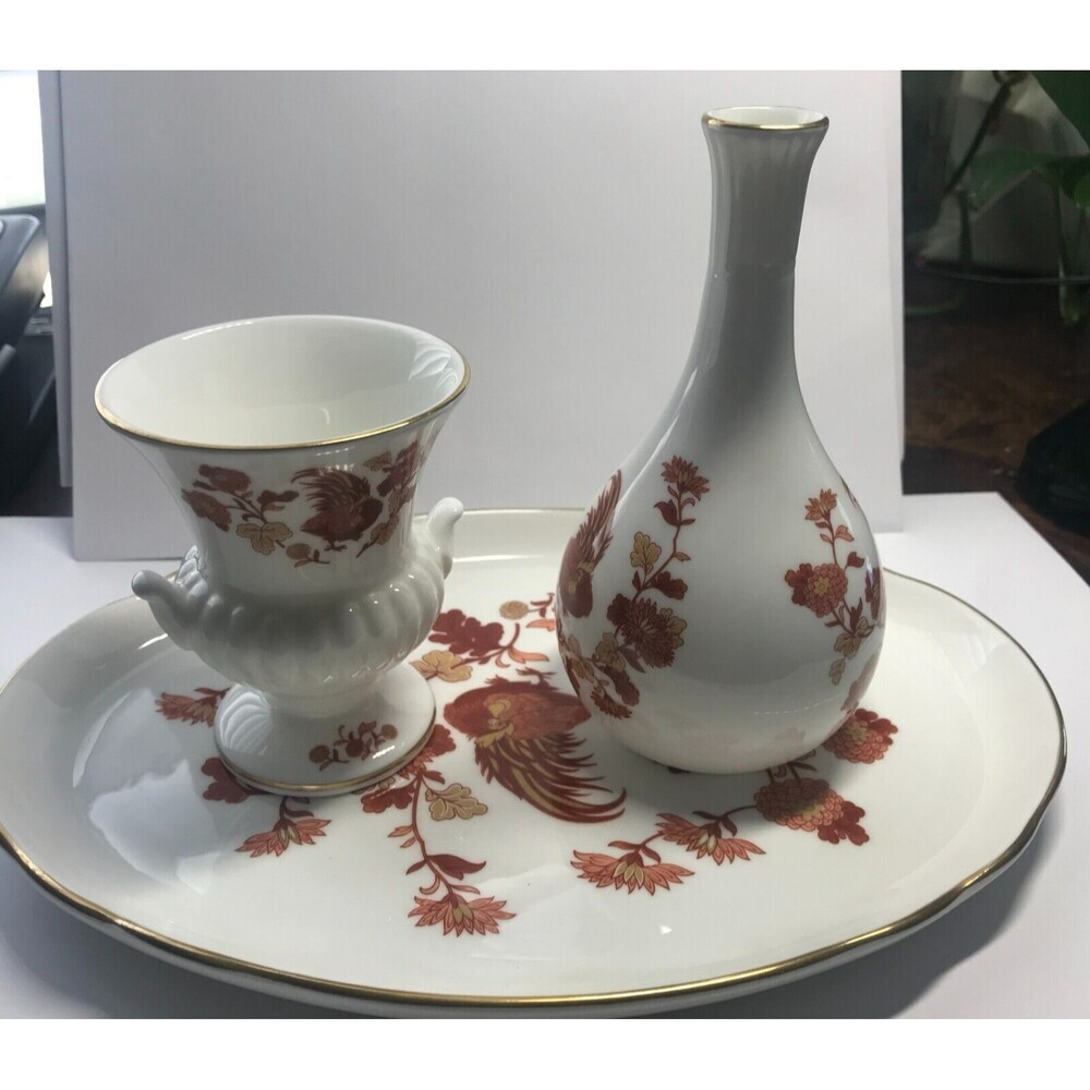 Wedgwood 8 Pc Vanity Dresser Set England Bone China Golden Cockerel Pattern Mint